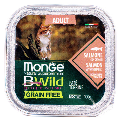 Корм беззерновой для кошек Monge bwild cat 100 г лосось с овощами — купить  в Перми, цена 116.00 руб.